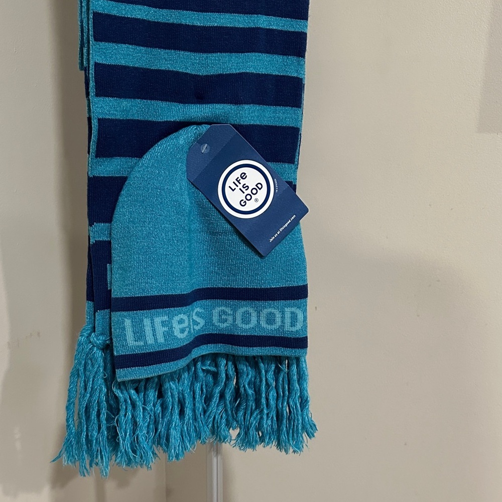 *LIFE IS GOOD* 2-Pc Striped Reversible Knit Scarf w/ Fringe & Beanie Set NWT